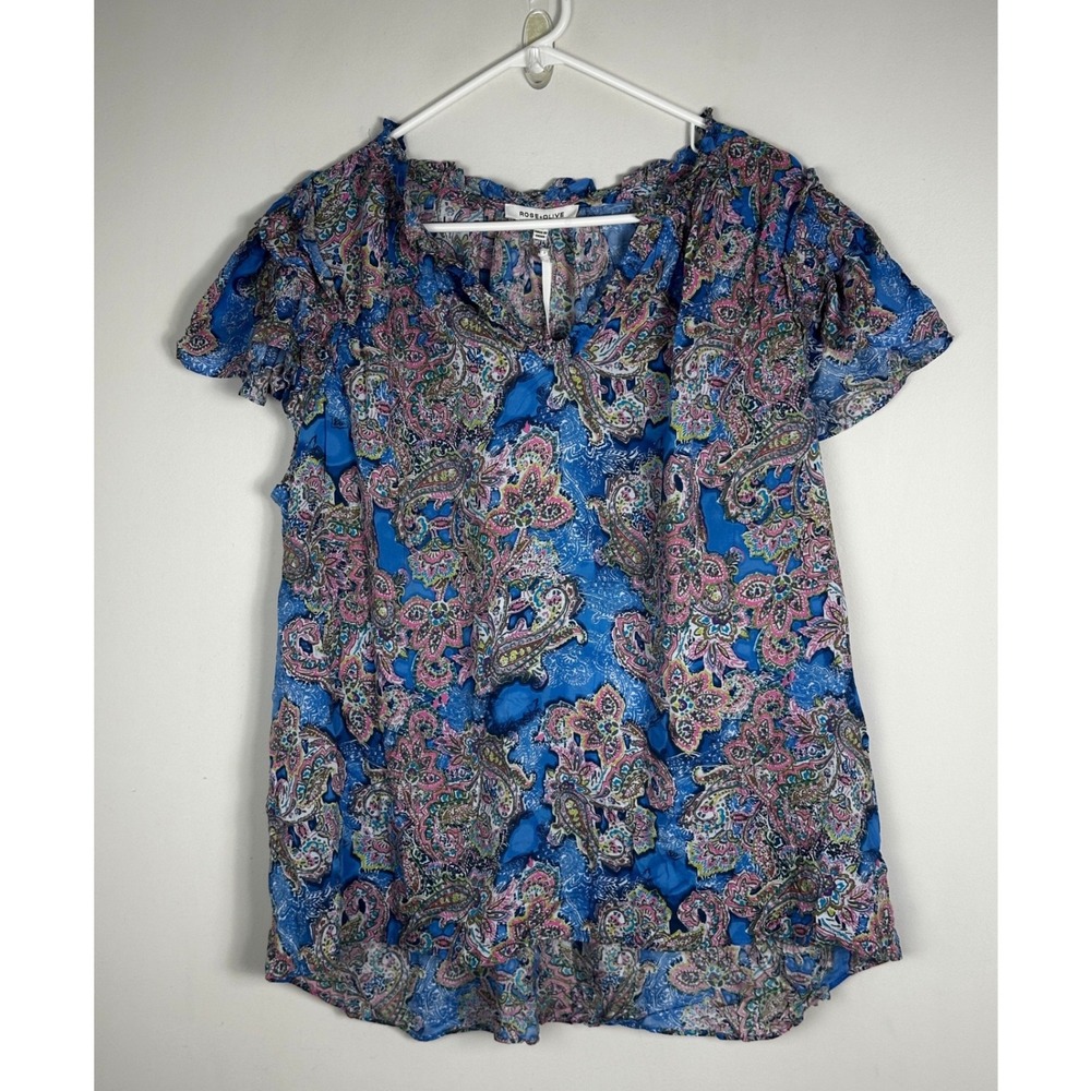 Rose + Olive Floral Blouse Womens Size 2X Blue Pink Short Sleeve NWT NEW Boho